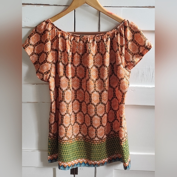 Jemma Women's Boho Short Sleeve Orange and Green Geo Print Top | Size Small - Picture 2 of 6